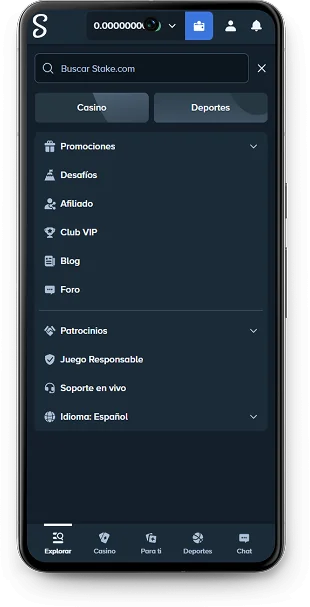 Pantalla del menú de la aplicación Stake