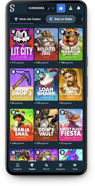 Pantalla de la página del casino de la aplicación Stake