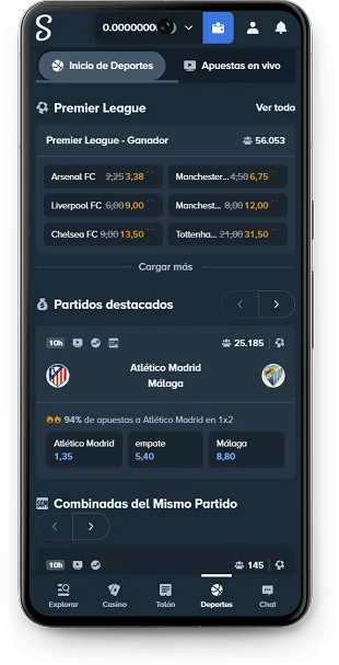 Pantalla de la sección de deportes de la aplicación Stake