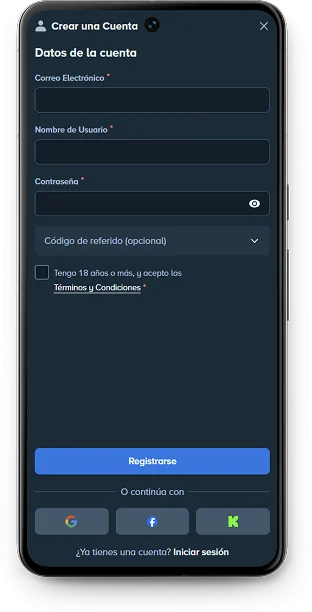 Pantalla del formulario de registro de la aplicación Stake